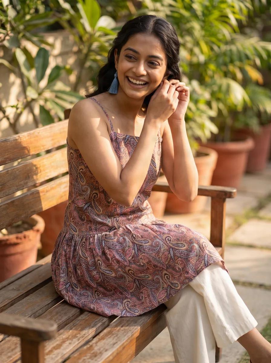 AI-generated paisley slip kurti catalogue image — style 6