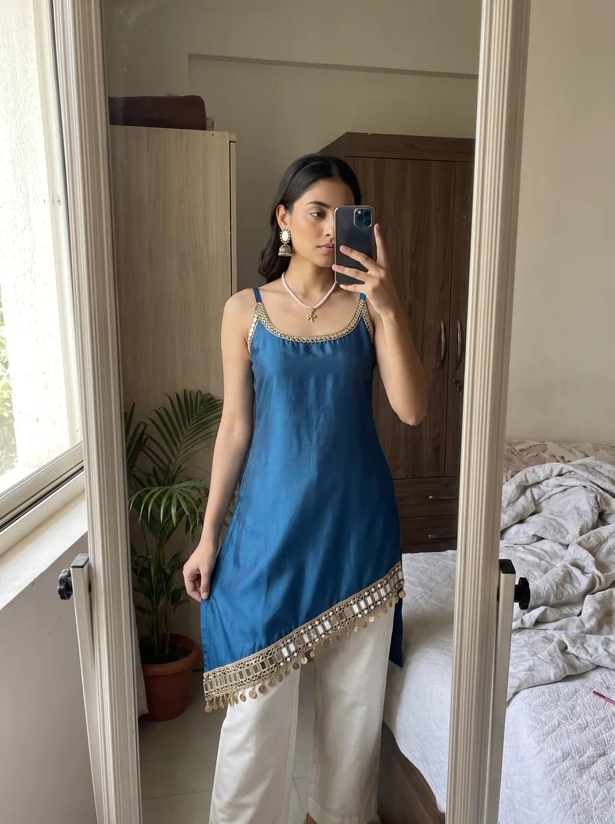 AI-generated mirror-work kurti catalogue image — style 3