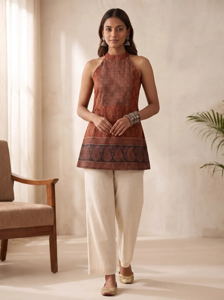 AI-generated ajrakh kurti catalogue image — style 1