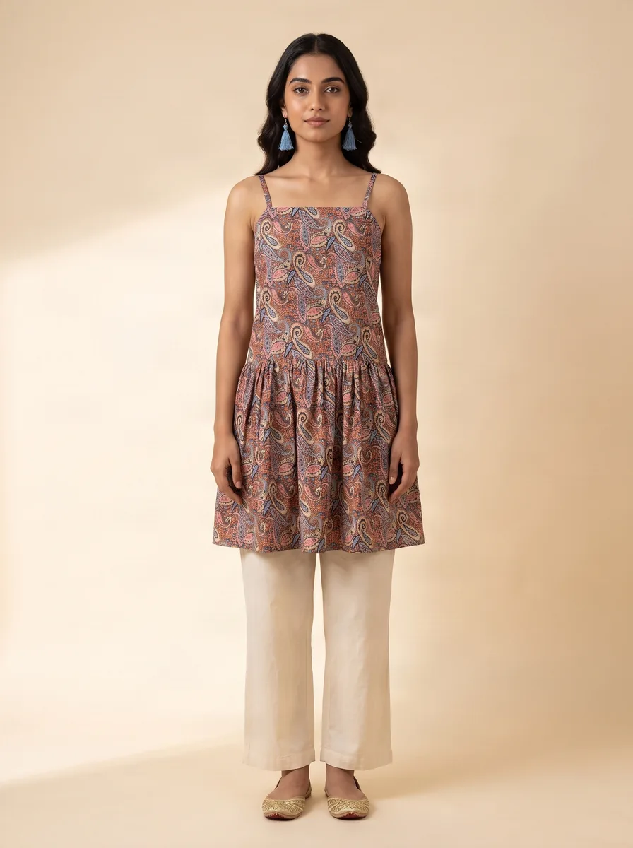 AI-generated paisley slip kurti catalogue image — style 1