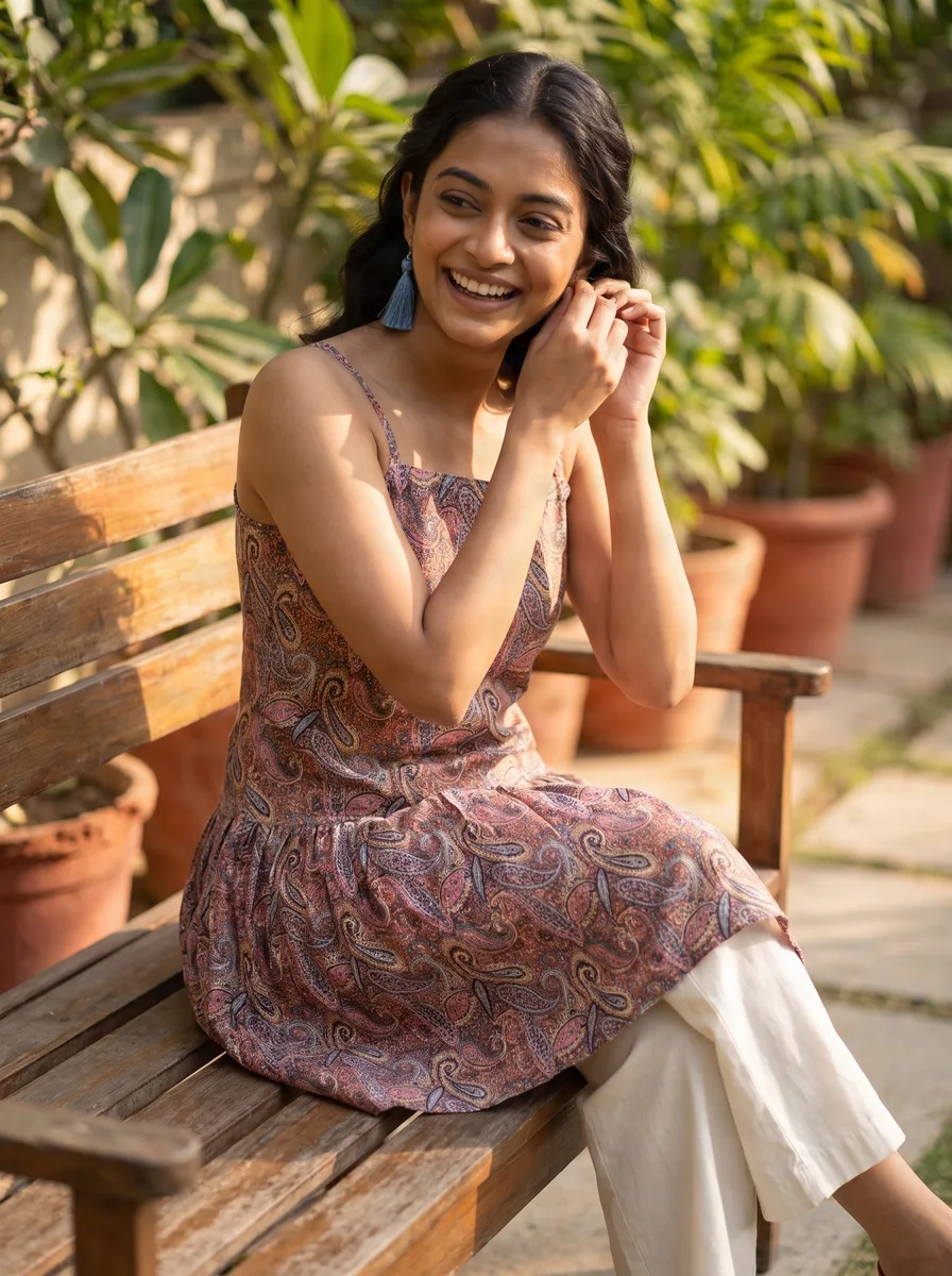 AI-generated paisley slip kurti catalogue image — style 6