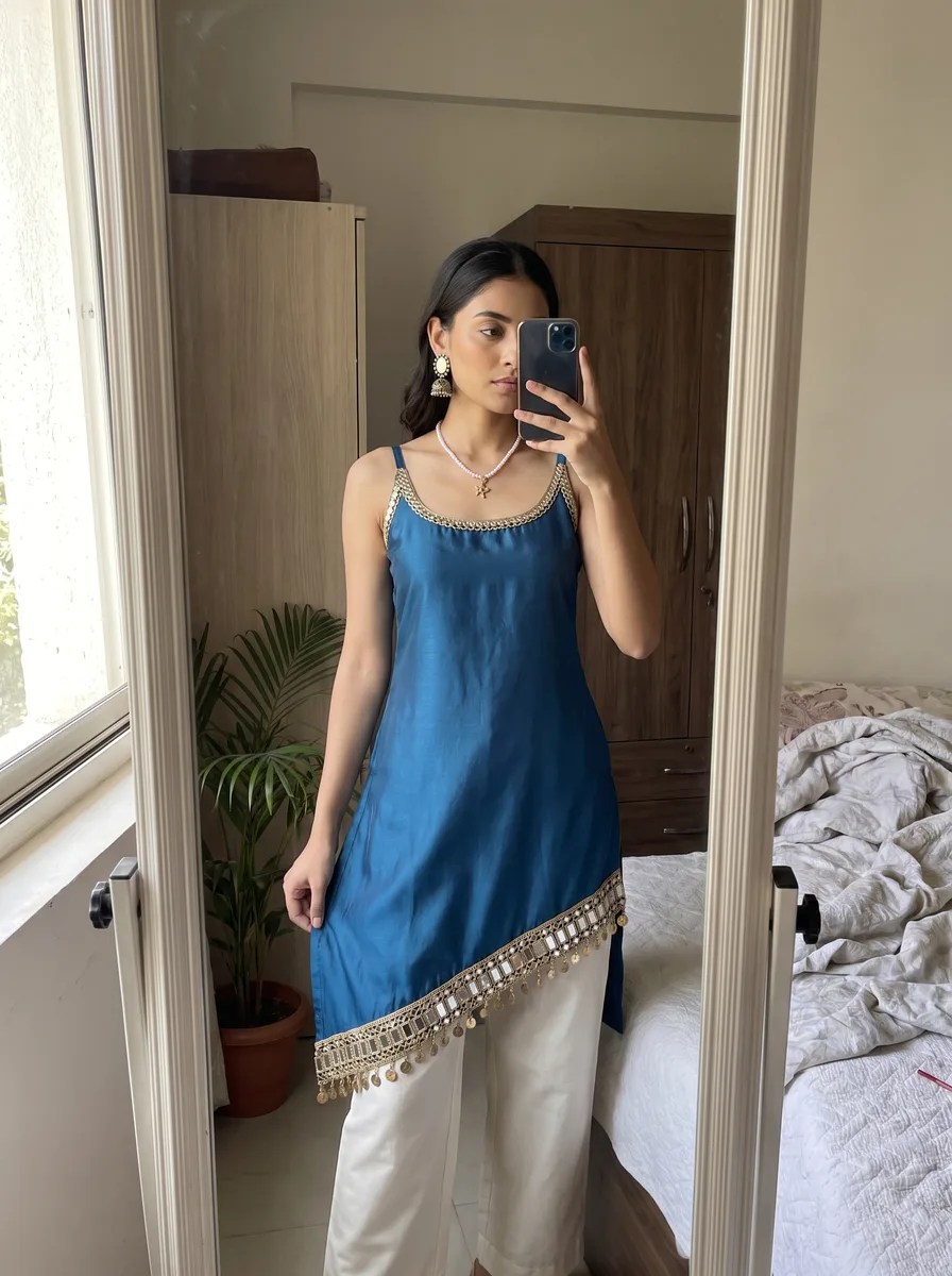 AI-generated mirror-work kurti catalogue image — style 3